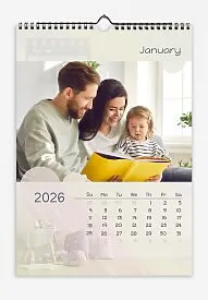 Calendar template: A young family with a child. Large rectangular photographs against the backdrop of a children's corner in the living room.