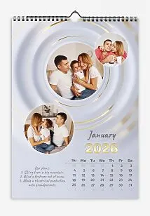 Calendar template with family photos. Family photos in circular grey and gold rings with plans for the whole year.