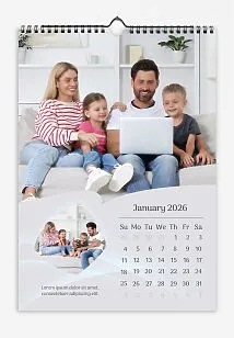 A calendar template for a large family featuring large and small photos with curved edges and quotes from famous people on a light gray background.