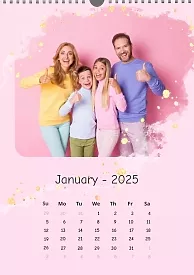 Calendar template Friendly family on a pink background with haze and shiny pebbles