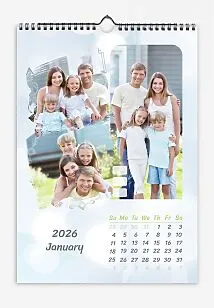 Calendar template with family photos. Rounded and brushed photographs on a light background with bokeh.