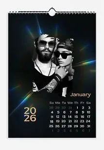 Dark gradient wall calendar. Photographs of a happy informal couple against the backdrop of optical refraction of light.