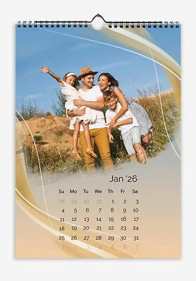 Calendar template "Happy family with daughter on a trip" with abstract waves on a gradient background.