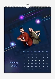 Wedding calendar template with flashes of light and film on dark blue background.