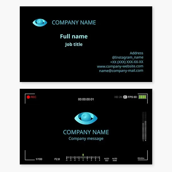 Business card template. Video studio. Video editing. Filming celebrations. Video editing director. Eye.