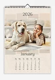 Calendar template child and dog. Photos with grunge shapes, with beige background.