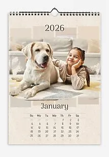 Calendar template child and dog. Photos with grunge shapes, with beige background.