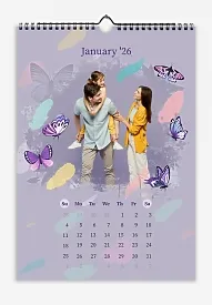A designer vertical wall calendar template featuring a family with a little daughter, decorated with butterflies and paint strokes.