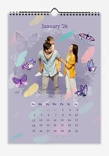 A designer vertical wall calendar template featuring a family with a little daughter, decorated with butterflies and paint strokes.