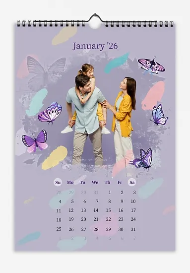 A designer vertical wall calendar template featuring a family with a little daughter, decorated with butterflies and paint strokes.