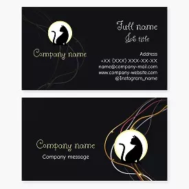 Business cards template Black cat, threads of yarn, knitting, knitwear