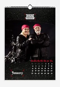 Black colored wall calendar. Family photos of a happy elderly rocket couple with a motorcycle using old Germanic font.