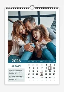 Calendar Template Family. A calendar template featuring large square photos of a happy family with important dates highlighted and described.