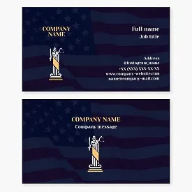 Law firm business card template. Attorney, legal counsel. US flag. Justice.