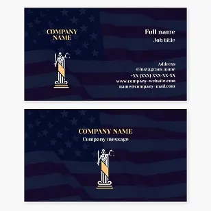 Law firm business card template. Attorney, legal counsel. US flag. Justice.