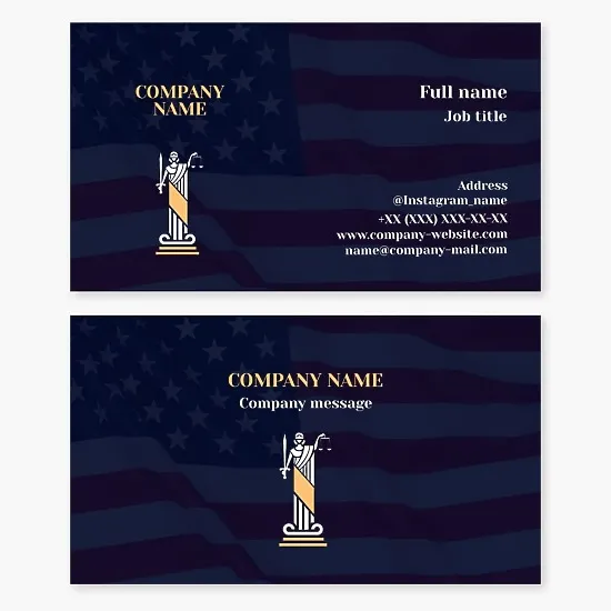 Law firm business card template. Attorney, legal counsel. US flag. Justice.