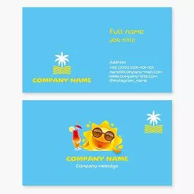 Business card template. Beach services and products. Sand, palm trees, sun, cocktail.