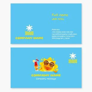 Business card template. Beach services and products. Sand, palm trees, sun, cocktail.