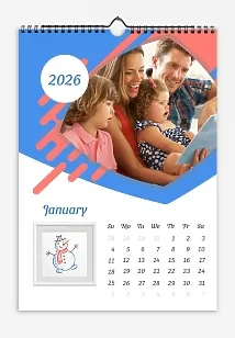 A "Happy Big Family" calendar template featuring children's drawings on the theme of the seasons, with large, curved photographs.