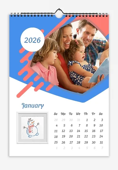 A "Happy Big Family" calendar template featuring children's drawings on the theme of the seasons, with large, curved photographs.
