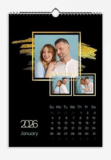 Calendar template for happy newlyweds. Photos of a happy couple on a black background with golden frames and brushstrokes.