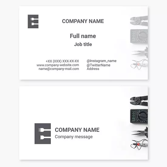 Business card template Electricity, electrician, electrician tools, Letter E
