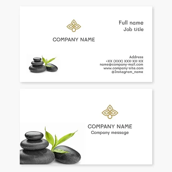 Business card template. Spa center Stones, plant, flower.
