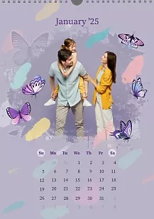 Calendar template Precoated family with butterflies and paint strokes