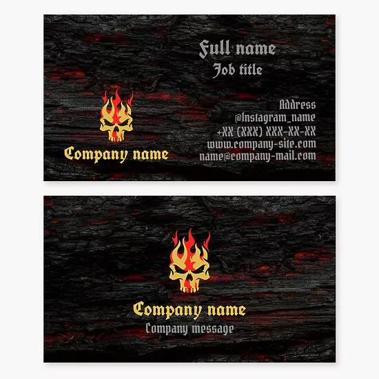 Flaming Skull Logo | Burnt Wood Design | Business Card Template 