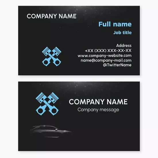 Business card template Pistons, auto and motorcycle repairs and spare parts