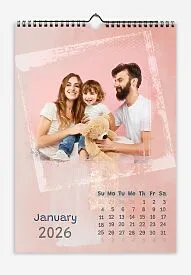 Rose Pink Wall Calendar. Family photos of happy members in grunge frame.