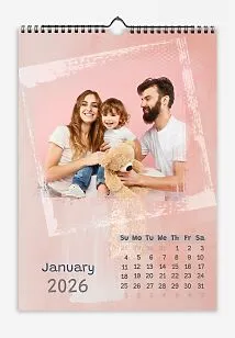 Rose Pink Wall Calendar. Family photos of happy members in grunge frame.
