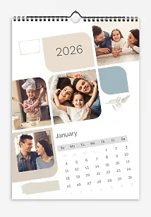 Calendar template "In mosaic rounded squares - a happy family with a daughter" with sketches of plants and fabrics.