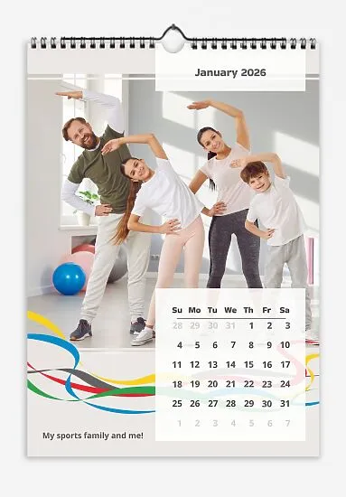 Sports Family calendar template with large rectangular photos and colorful Olympic ring ribbons.