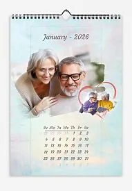 Pastel colored wall calendar. Photos of a happy elderly couple in brushstrokes with mini photos in hearts.