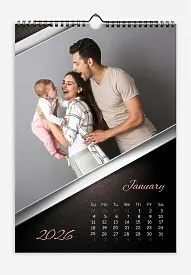 Calendar template with family photos. Slanting photographs of a happy family in a metal frame with a black background with a shimmer.