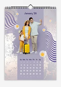 Calendar template: "Large photos of a happy family with a daughter on a lilac background with abstract waves and stars in circles."
