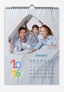 Calendar template with family photos. A family in curved photographs with a gray background and gold threads. Children's captions.