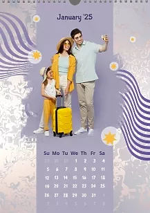 Calendar template Happy family on lilac background with abstract waves