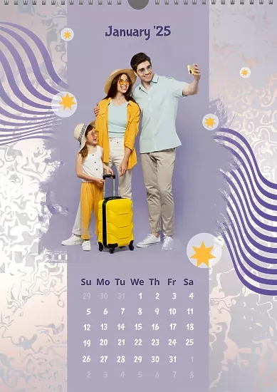 Calendar template Happy family on lilac background with abstract waves