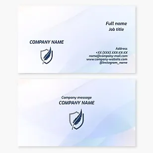 Business card template with the "Feather Shield" logo. Copyright protected.