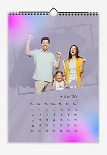 The best family calendar template with daughter with light rays and colorful light spots: large tilted photos in a frame with brush strokes.