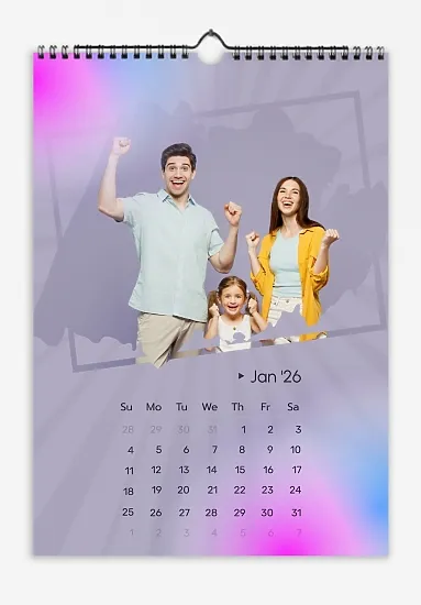 The best family calendar template with daughter with light rays and colorful light spots: large tilted photos in a frame with brush strokes.