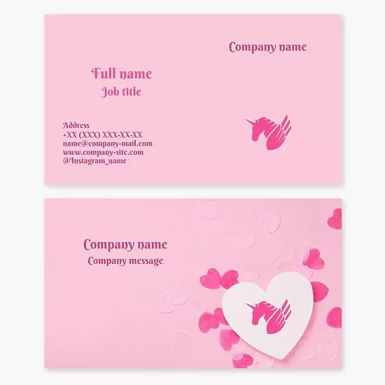 Pink Unicorn Logo | Pink Hearts | Pink Business Card Template