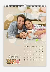 Cartoon style calendar template of a young family and their little daughter with large photos, balloons and bokeh.