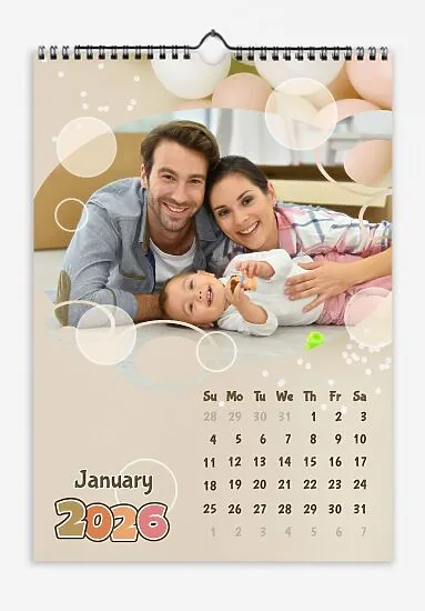 Cartoon style calendar template of a young family and their little daughter with large photos, balloons and bokeh.