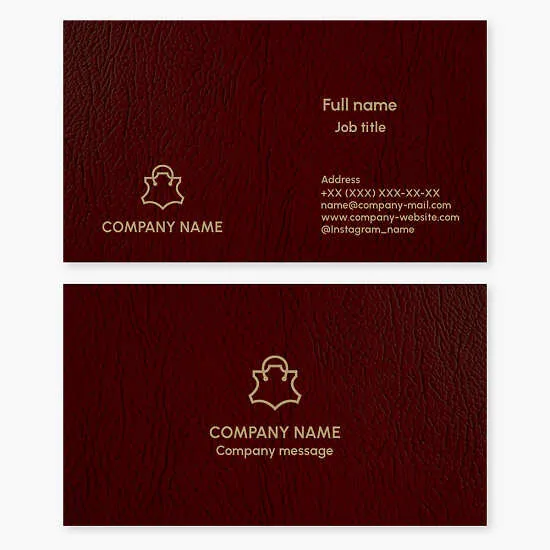 Business card template. Leather. Leather supplies. Leather goods atelier. Leather repair shop. Leather accessories store.