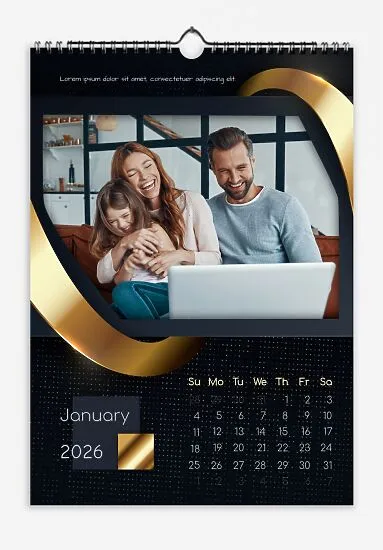 Modern Family Quote Calendar Template with Abstract Golden Wave Elements on Digital Background.