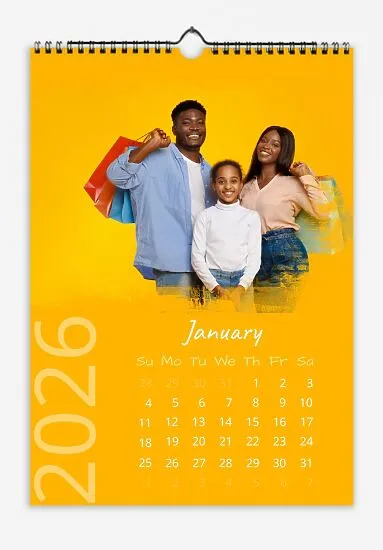 Yellow Calendar. A happy family calendar template with a background color that matches the background of the photos. The edges of the photos are styled with light oil brush strokes.