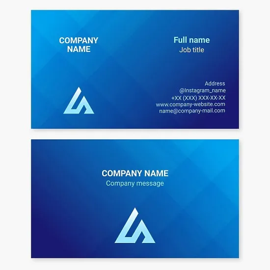 Business card template with blue abstract triangle. Mountain, unity, stability and sustainability.